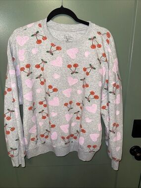 Zoe + Liv Gray Crewneck Sweatshirt with Pink Hearts & Red Cherry Pattern